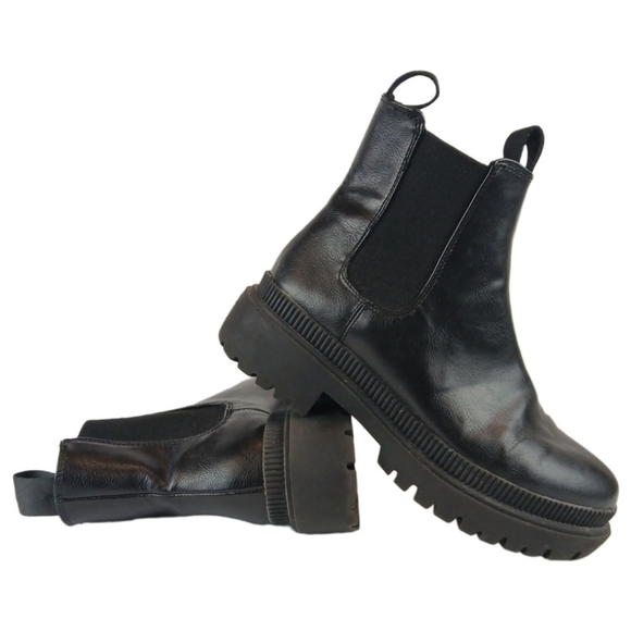 H&M 7 Black Chelsea Chunky Ankle Boots Loops Elasticized Solid Platform Bootie - Picture 8 of 15